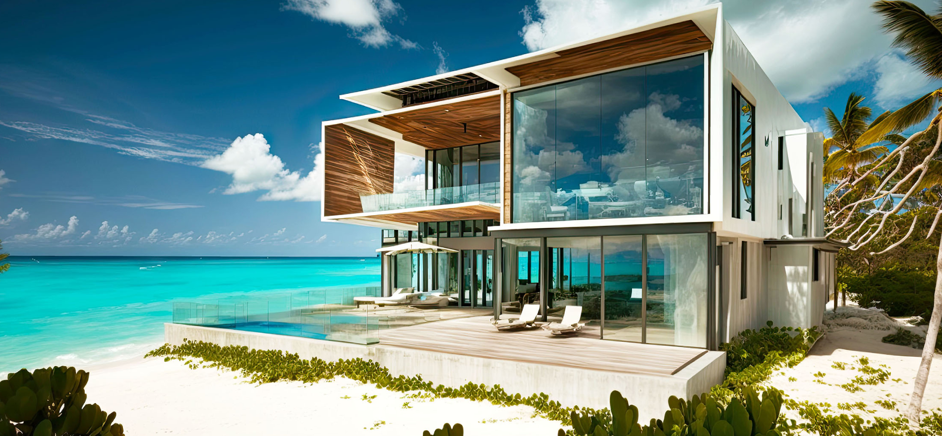 Modern luxury beachfront villa with floor-to-ceiling glass walls and infinity pool on a white sand beach in Spain.