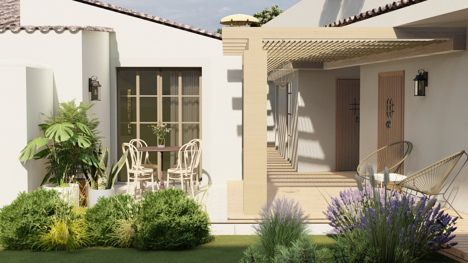 Architectural rendering of a new construction luxury villa in San Pedro de Alcántara, featuring a modern wooden pergola, Mediterranean landscaping, and elegant outdoor patio design by Effortless Living